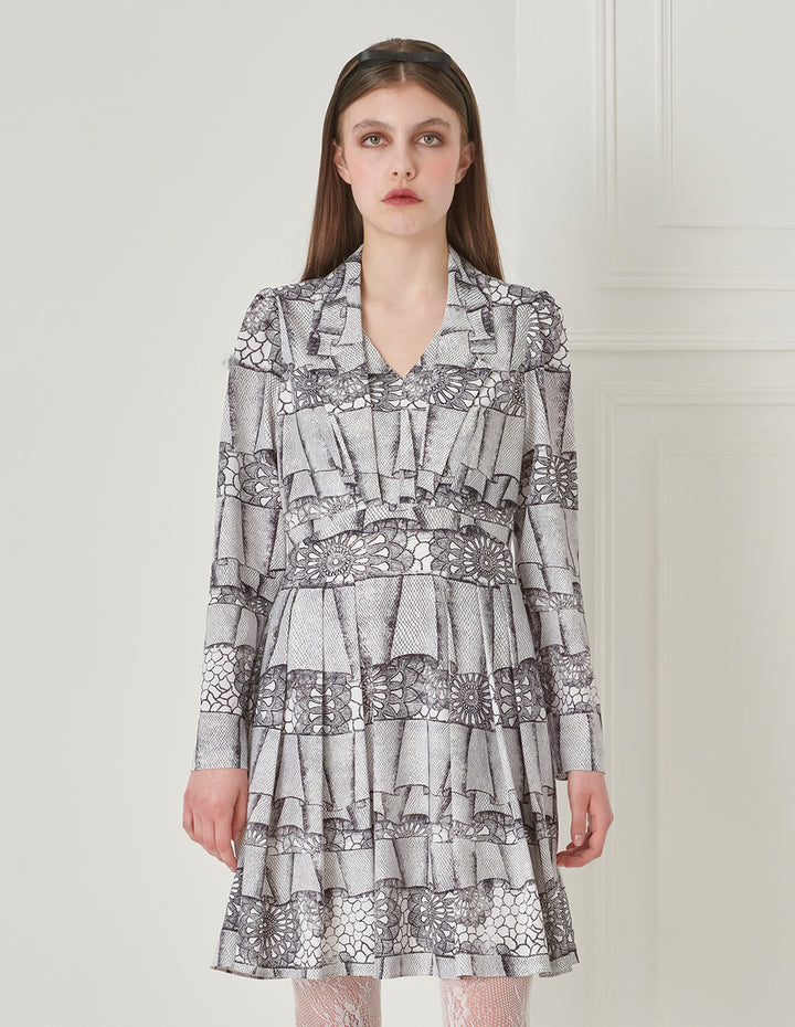 BORA AKSU Notched Lapel Puff Sleeve Abstract Print Long-Sleeved Dress