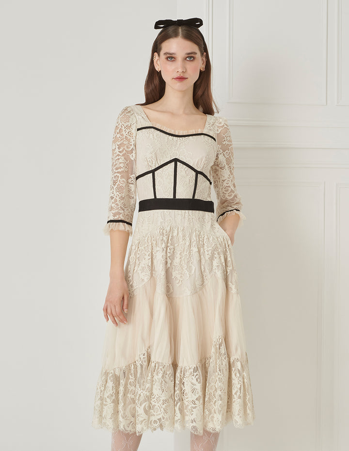 BORA AKSU Elegant Colourblock Bib Diamond Neck Lace Dress