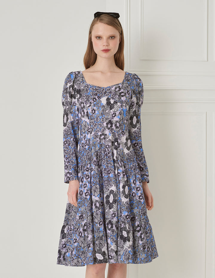 BORA AKSU Diamond Neck Print Pleated Neck Dress