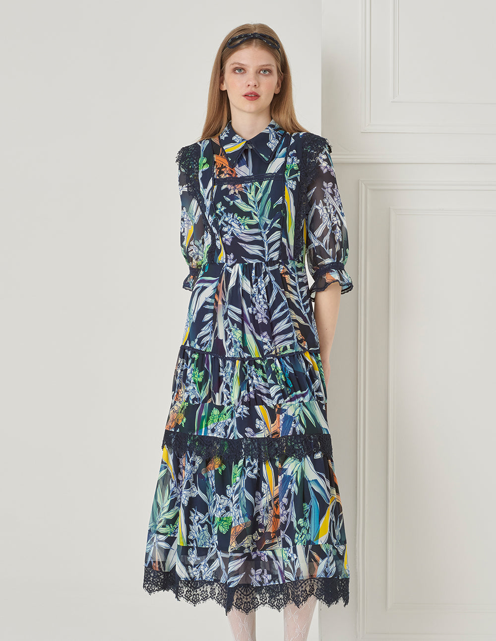 BORA AKSU Peter Pan Neck Puff Sleeve Lace Printed Dress