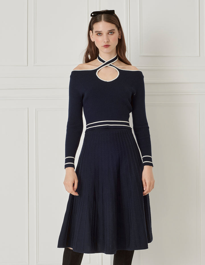 BORA AKSU Halterneck Off-The-Shoulder Blue And White Colourblock Wool Pullover