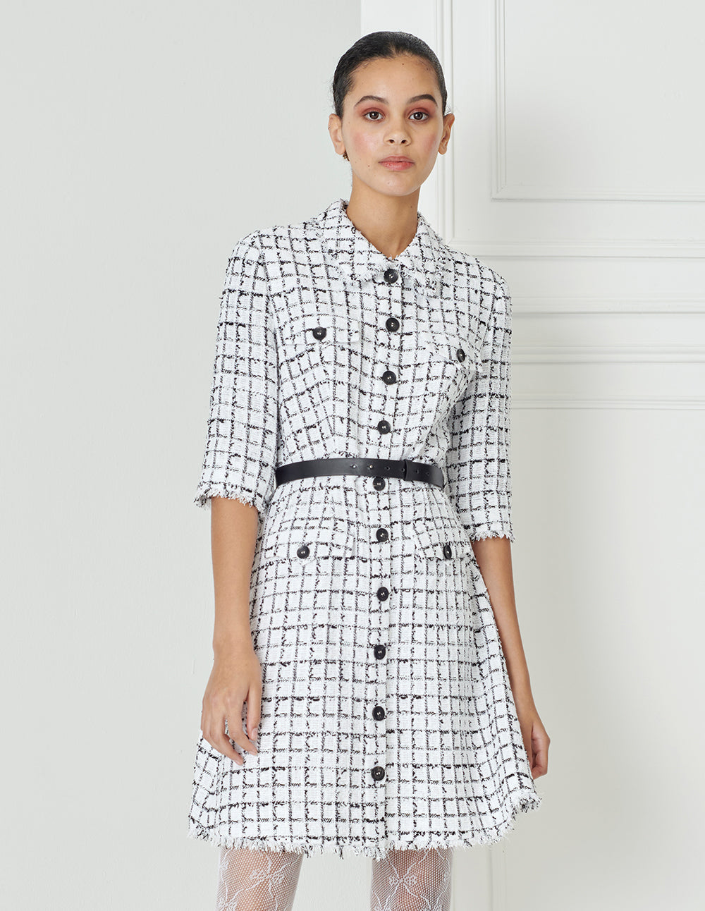 BORA AKSU Black And White Check Tweed Formal Dress