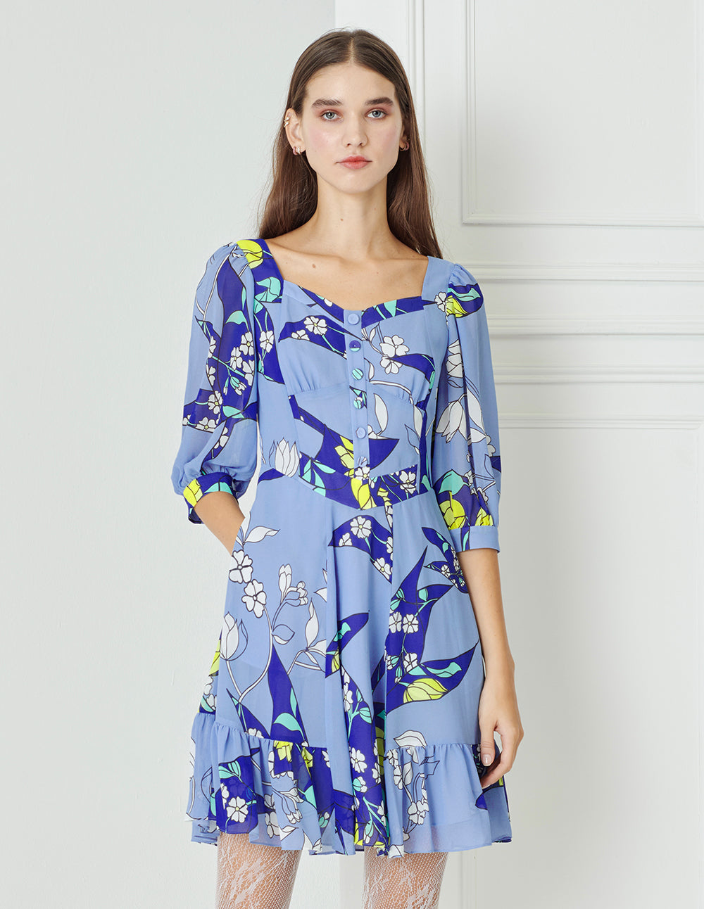 BORA AKSU Diamond Collar Print Waist Dress