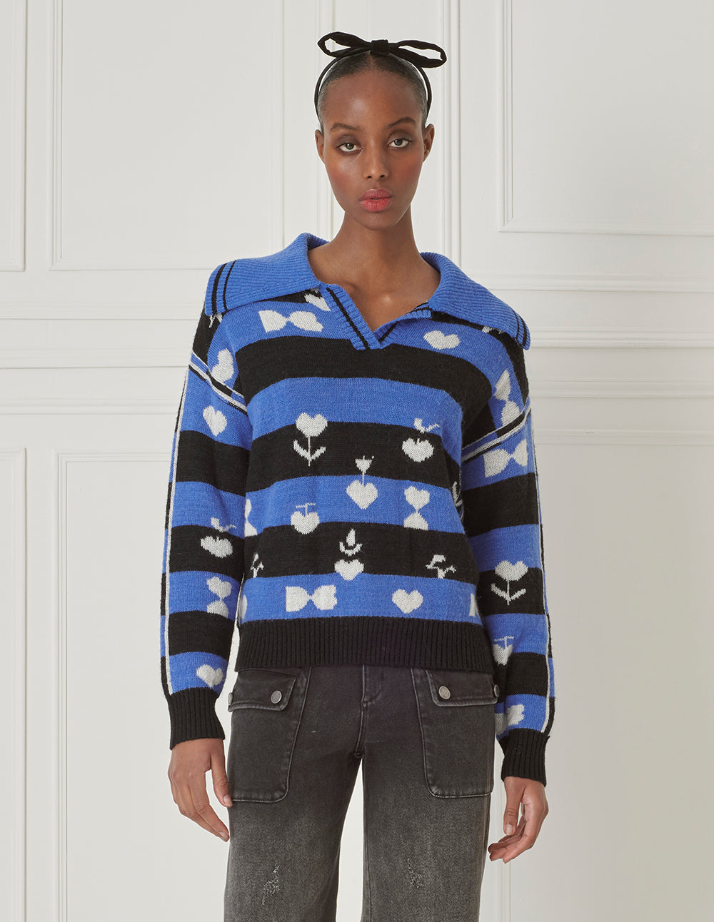 BORA AKSU Vintage Large Lapel Half Cardigan Heart Jacquard Pullover