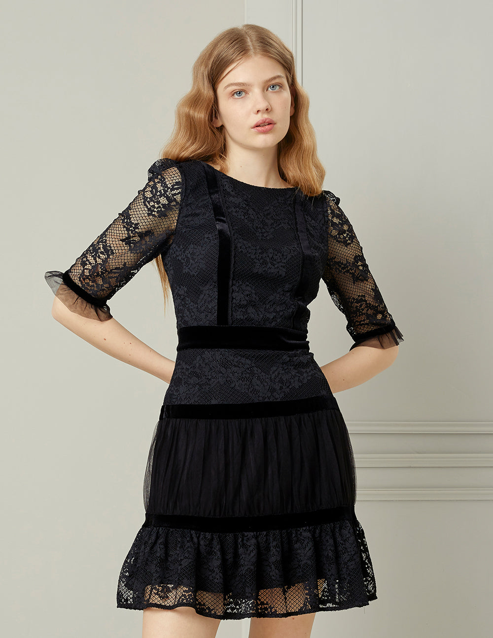 BORA AKSU Black Lace Ruffle Boat-Neck Mini Dress