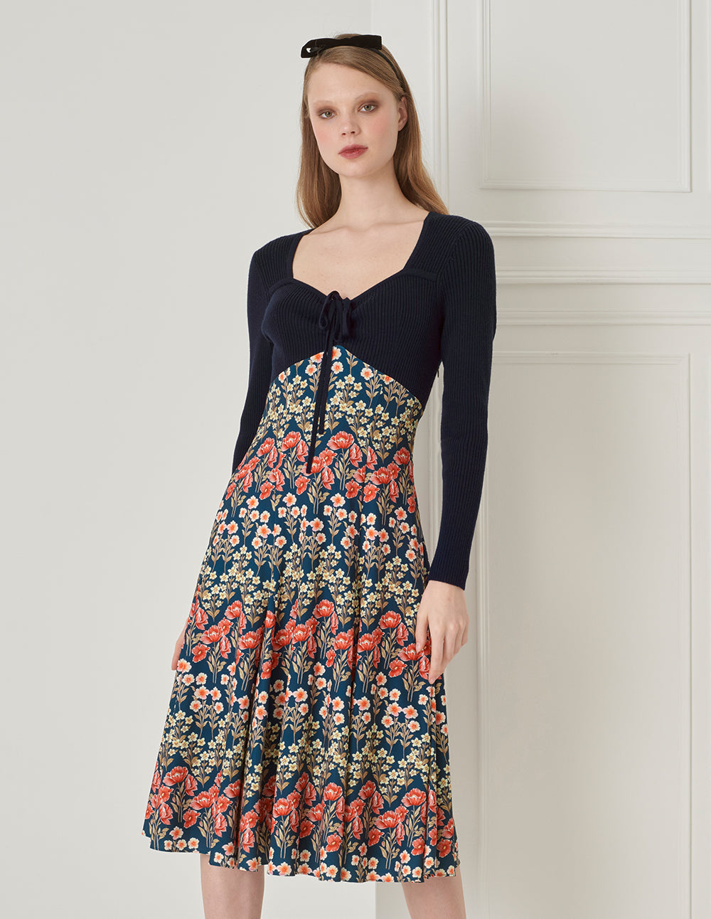 BORA AKSU Retro Diamond Collar Knit Woven Patchwork Printed Dress