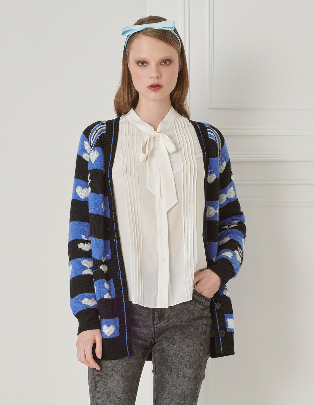 BORA AKSU Mohair Jacquard V-Neck Knitted Cardigan