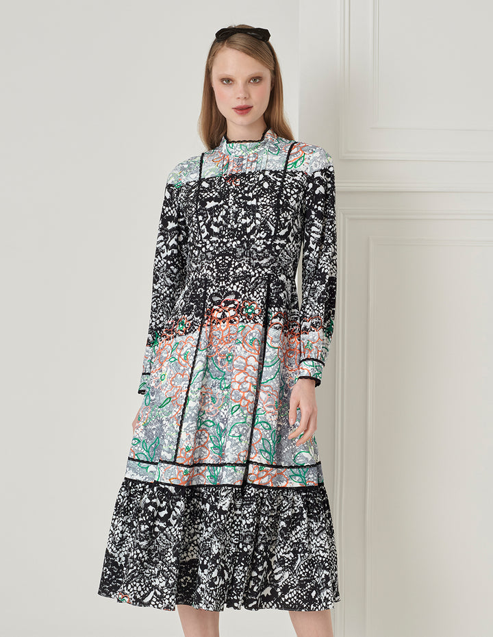 BORA AKSU French Retro Puff Sleeve Stand Collar Printed Dress