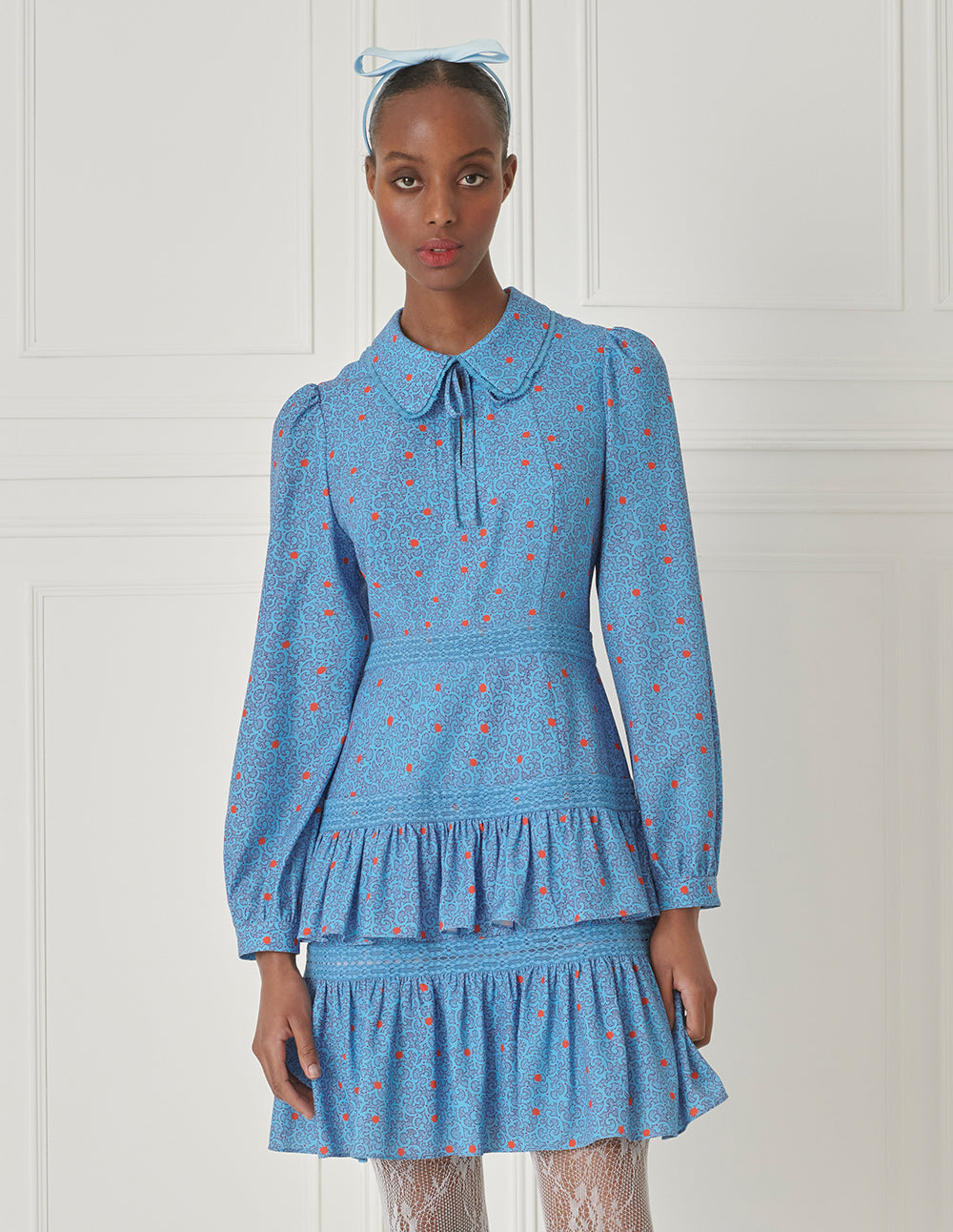 BORA AKSU Puff Sleeve Peter Pan Collar Ruffle Skirt Dress