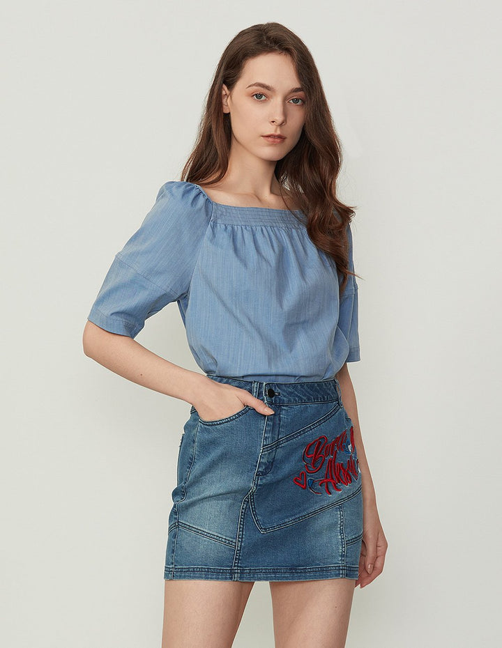 BORA AKSU Embroidered Logo Washed Denim Mini Skirt