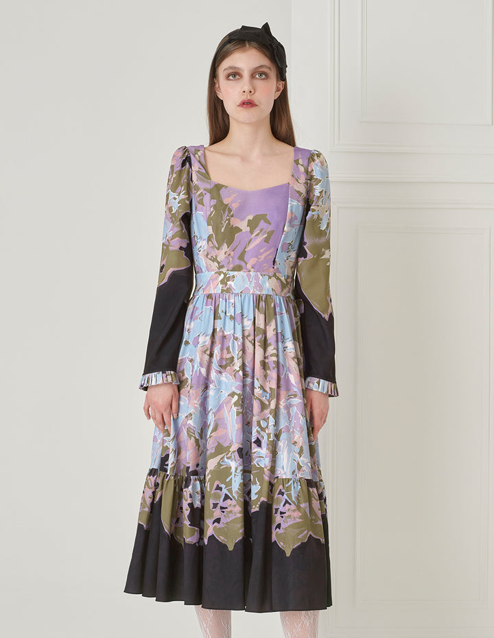 BORA AKSU French Vintage Diamond Collar Pleated Print Dress