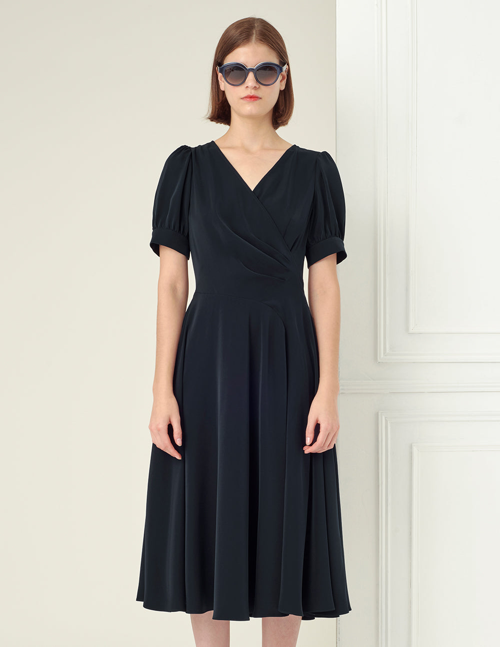 BORA AKSU Cross-over V-neck puff sleeves pleated waist dress