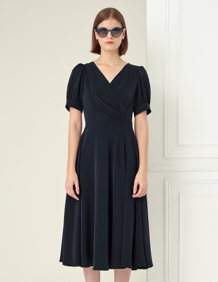 BORA AKSU Cross-over V-neck puff sleeves pleated waist dress