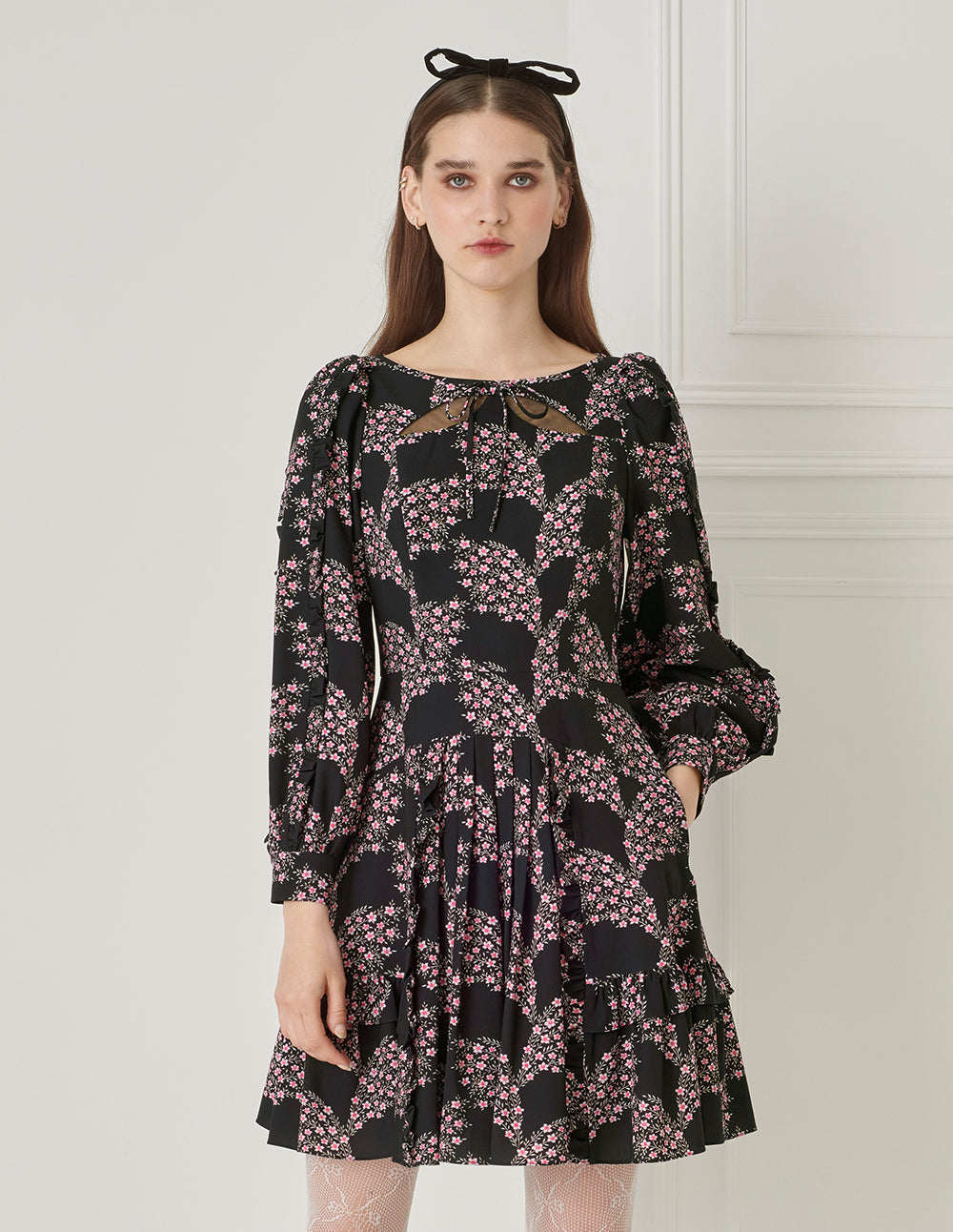 BORA AKSU Puff-Sleeved Bateau Neckline Ruffled Floral Dress