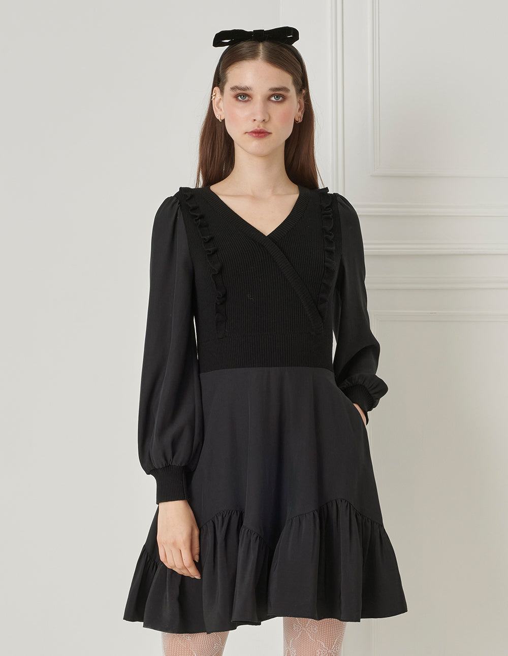 BORA AKSU Puff Sleeve V-Neck Wool Needlepoint A-Line Black Dress