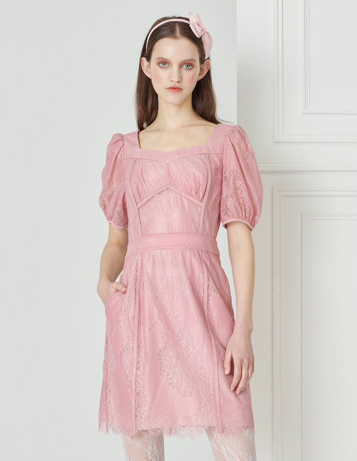 BORA AKSU Diamond Neck Slim Lace Dress