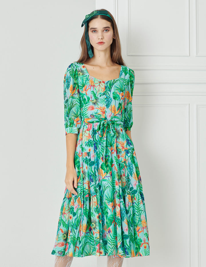BORA AKSU Diamond Neck Teal Tropical Floral Print Pleated Dress