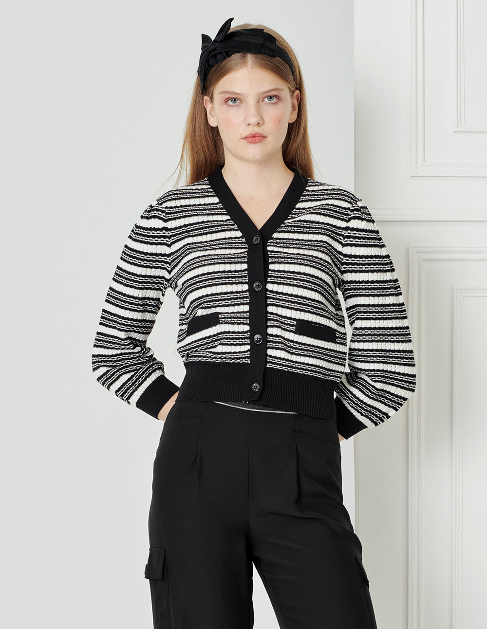 BORA AKSU V-Neck 3/4 Sleeve Black And White Striped Knitted Cardigan
