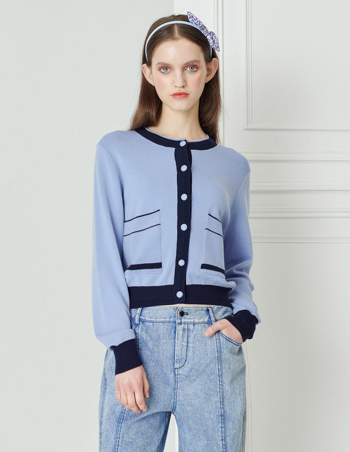 BORA AKSU Simple Colour Block  Round Neck Wool Knitted Cardigan