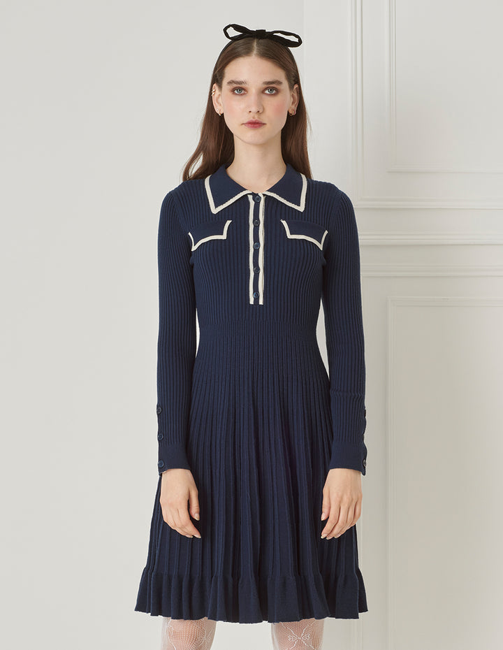 BORA AKSU Small Lapels Half-Front Pleated Wool Dress