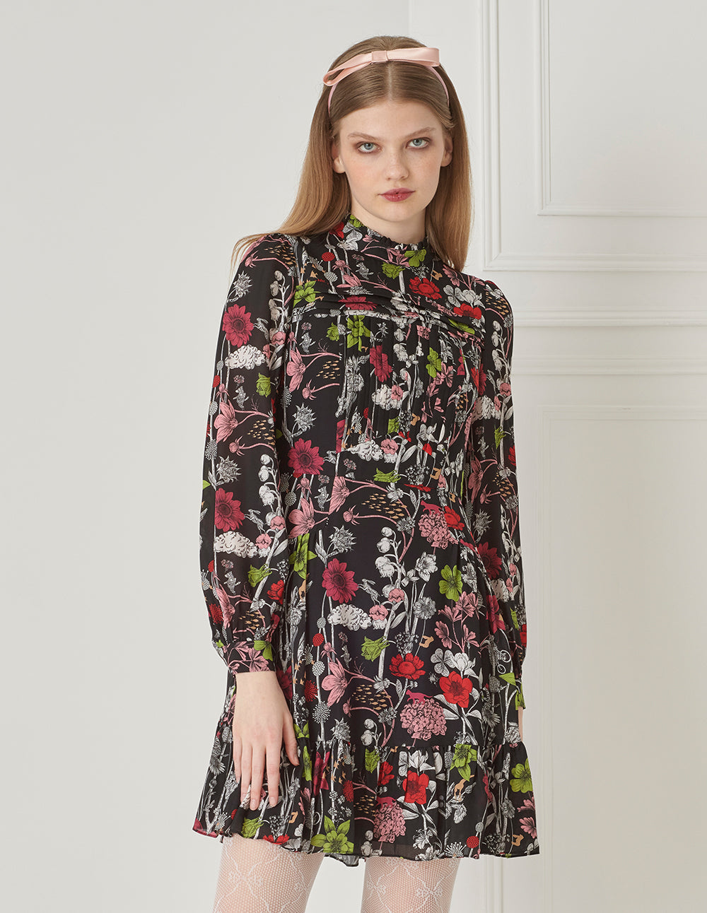 BORA AKSU Vintage Puff Sleeve Stand Collar Silk Print Floral Dress