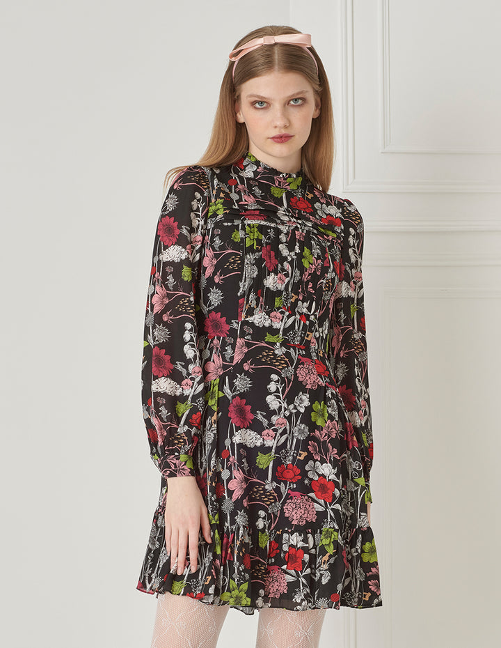 BORA AKSU Vintage Puff Sleeve Stand Collar Silk Print Floral Dress