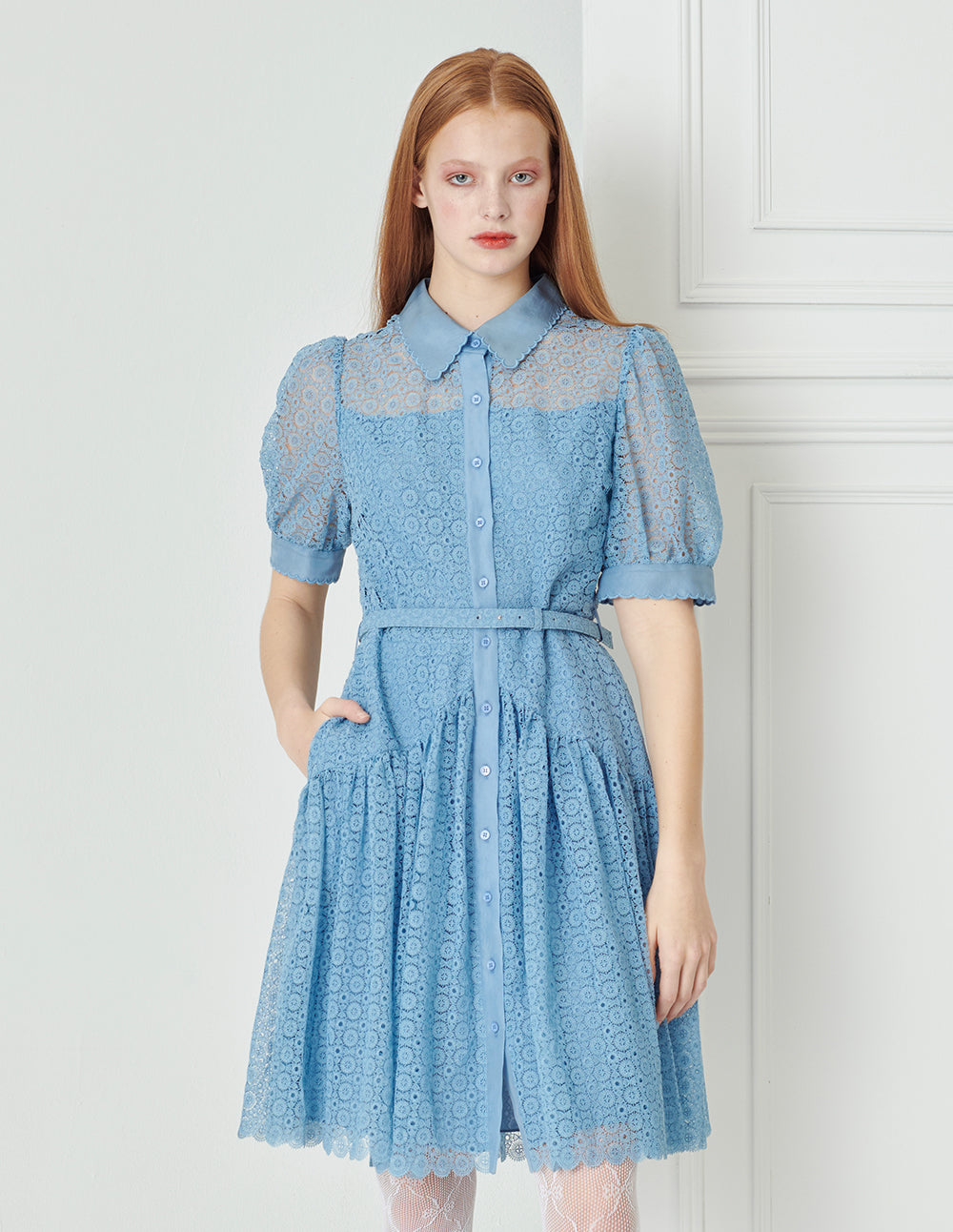 BORA AKSU Petal Trim Lace Pleated  Shirt Dress