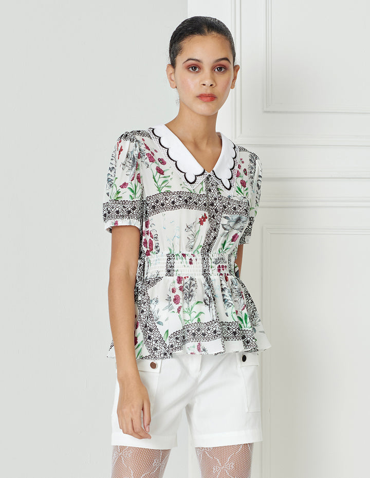 BORA AKSU Peter Pan Detailing Embroidered Collar Waist Print Top