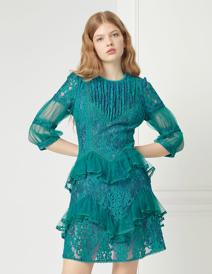 BORA AKSU Turquoise Blue Mesh Lace Ruffled Lace Mini Dress