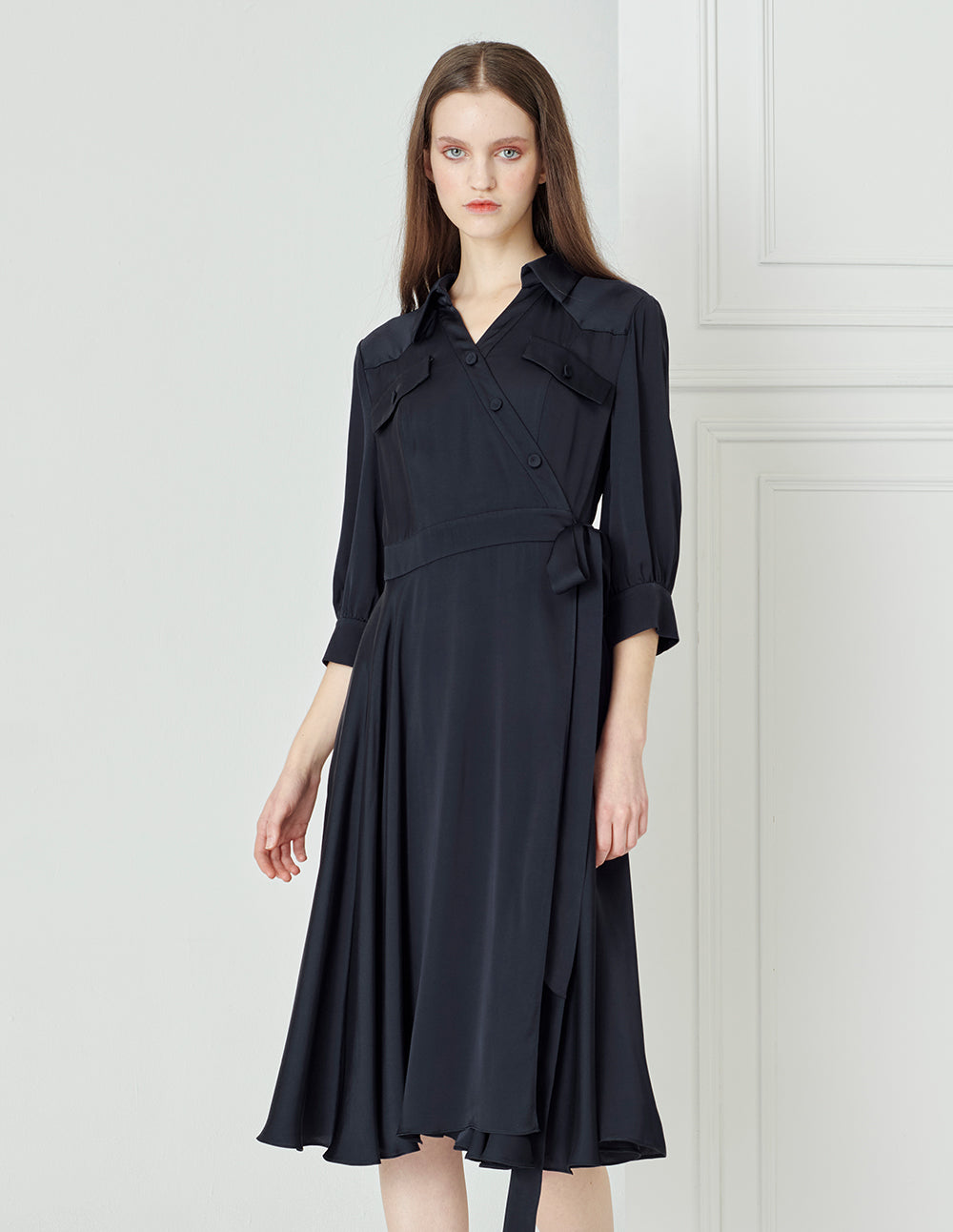 BORA AKSU French Acetate Puff Sleeve Navy Blue Dress