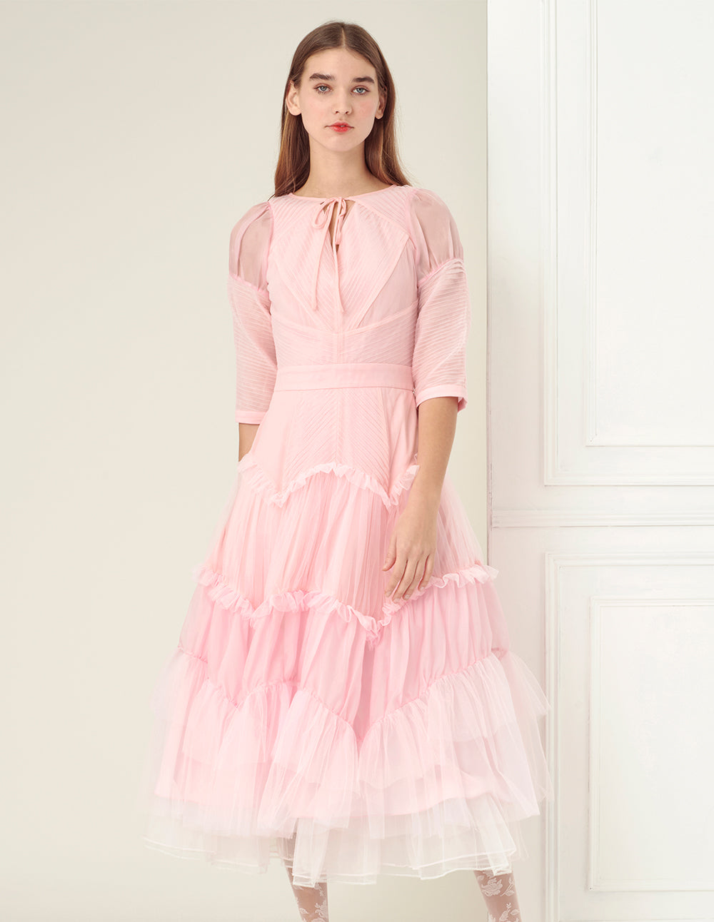 BORA AKSU Pintuck Detail Tulle Tier Dress