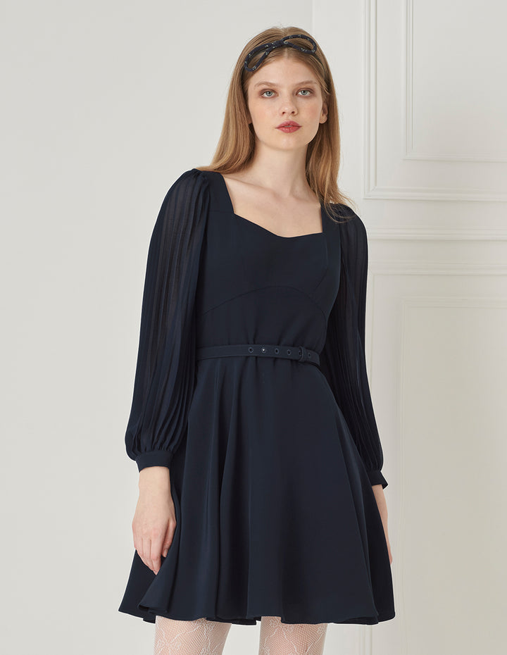 BORA AKSU Elegant Diamond Collar Pleated Stitching Dress