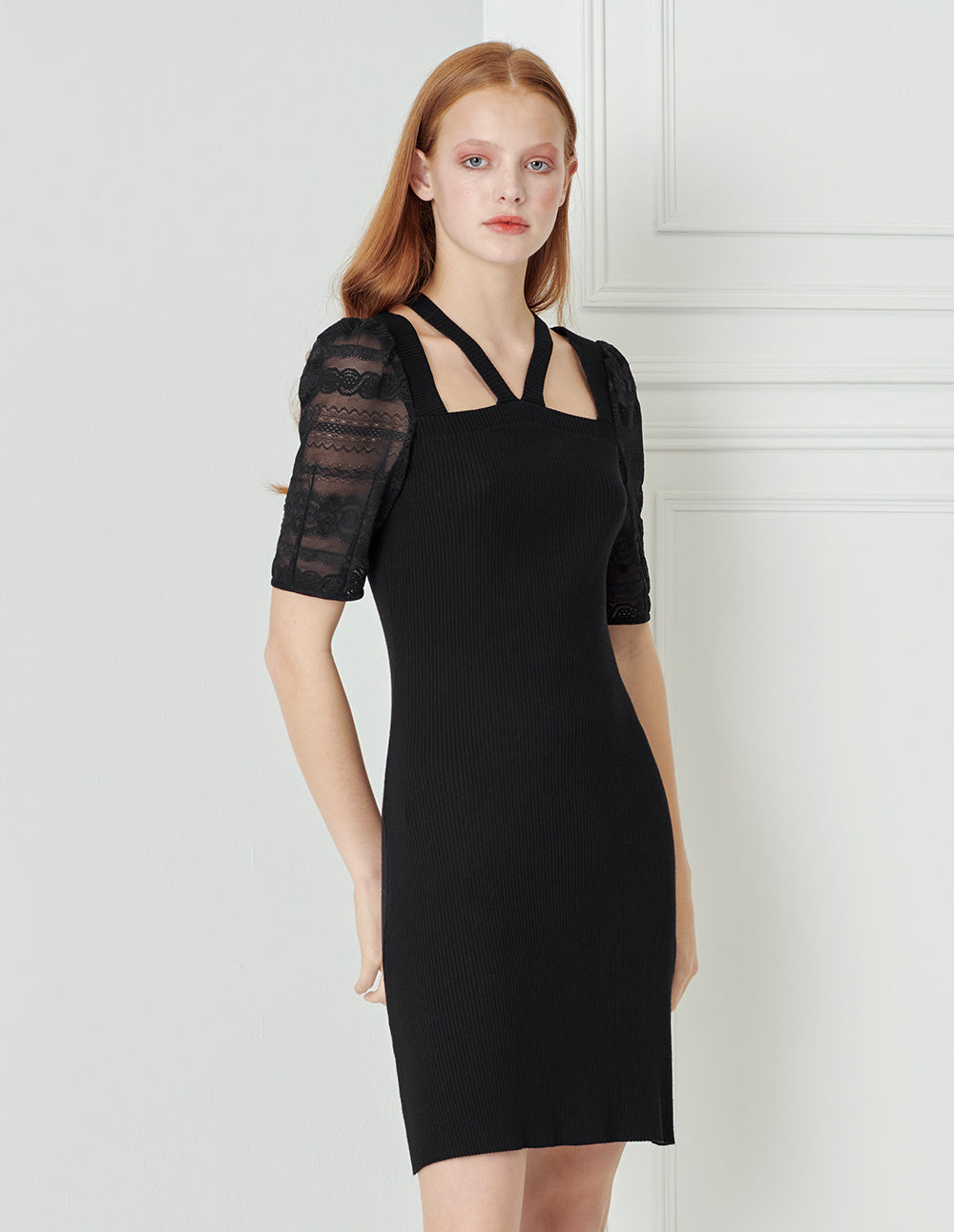 BORA AKSU Lace Puff Sleeve Halter Neck Knitted Dress
