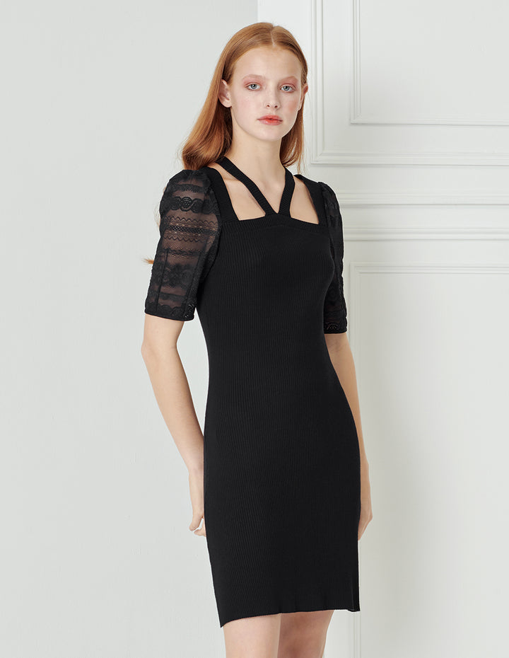 BORA AKSU Lace Puff Sleeve Halter Neck Knitted Dress
