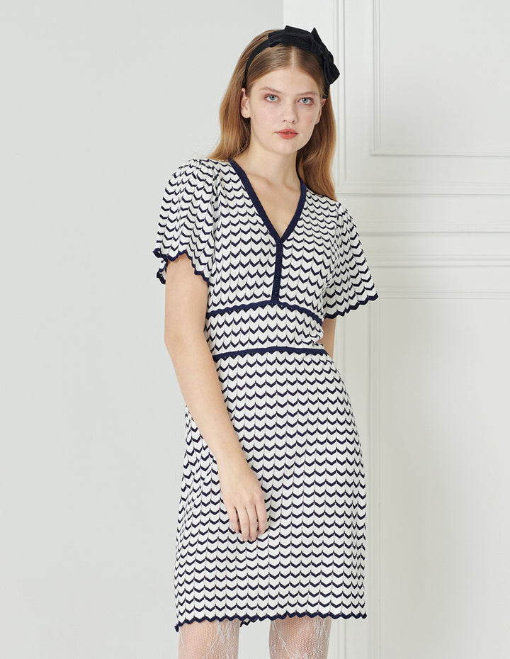 BORA AKSU Blue And White Striped V-Neck Knit Dresses