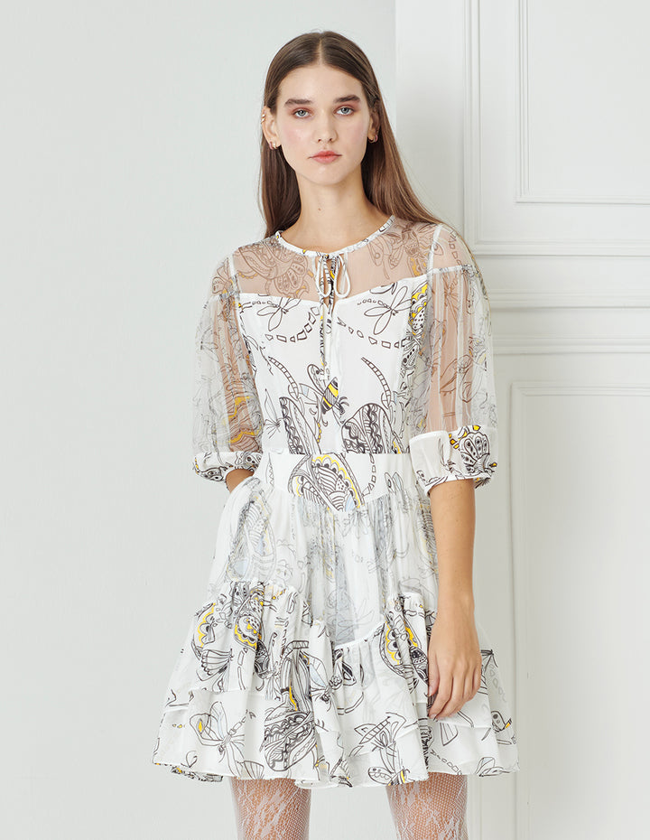 BORA AKSU Funny Insect-Print Mesh Panel Dress