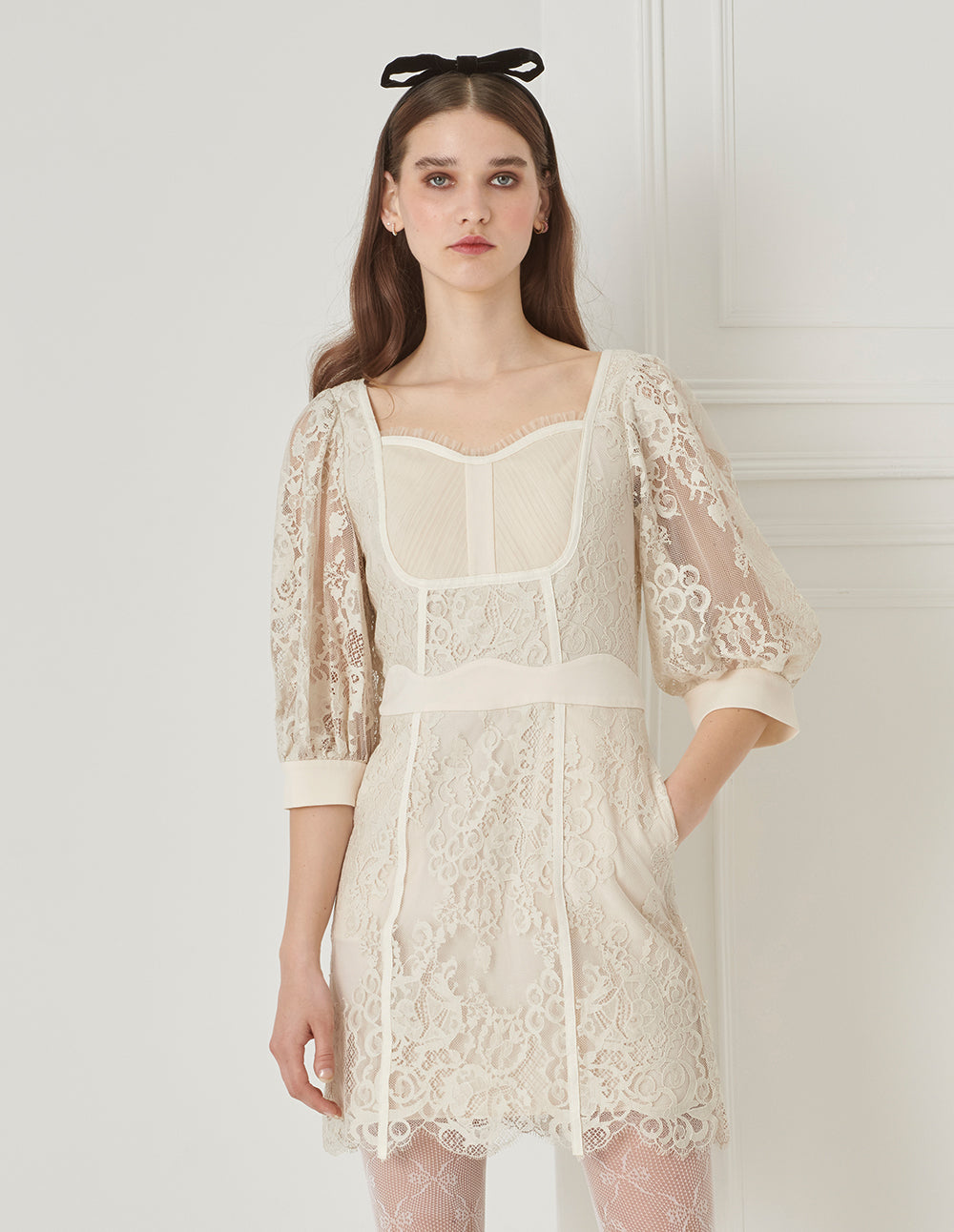 BORA AKSU French Vintage Puff Sleeve Diamond Collar Lace Dress