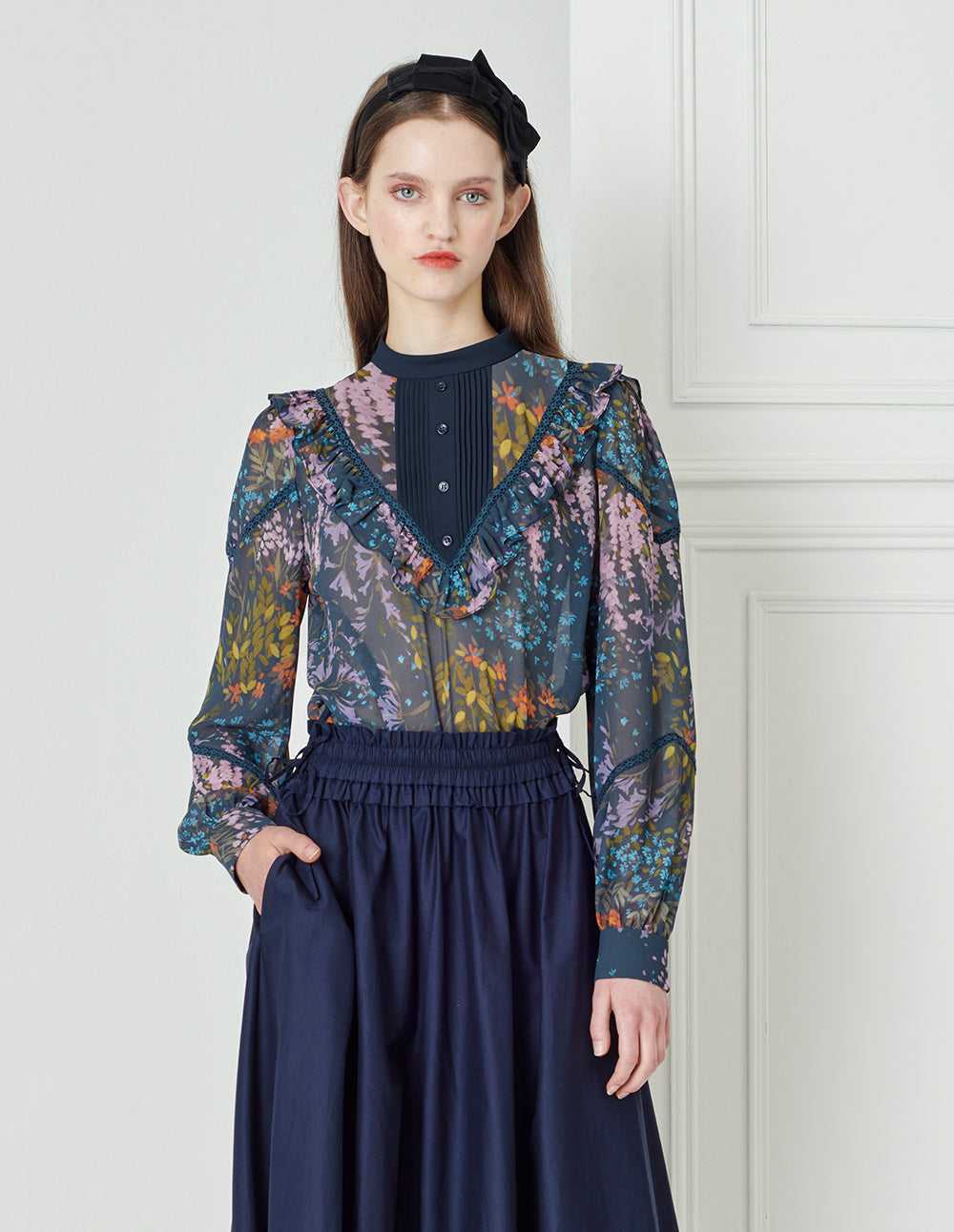 BORA AKSU Dark Blue Colour-Blockruffle Neck Puff Sleeve Floral Top