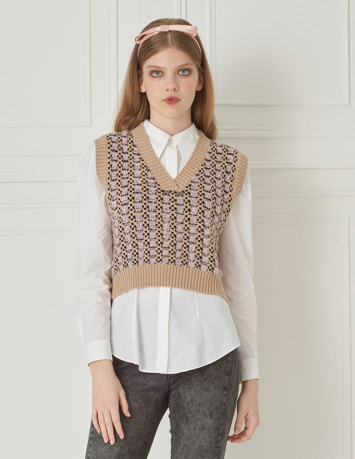 BORA AKSU V-Neck Jacquard Wool Knit Short Vest