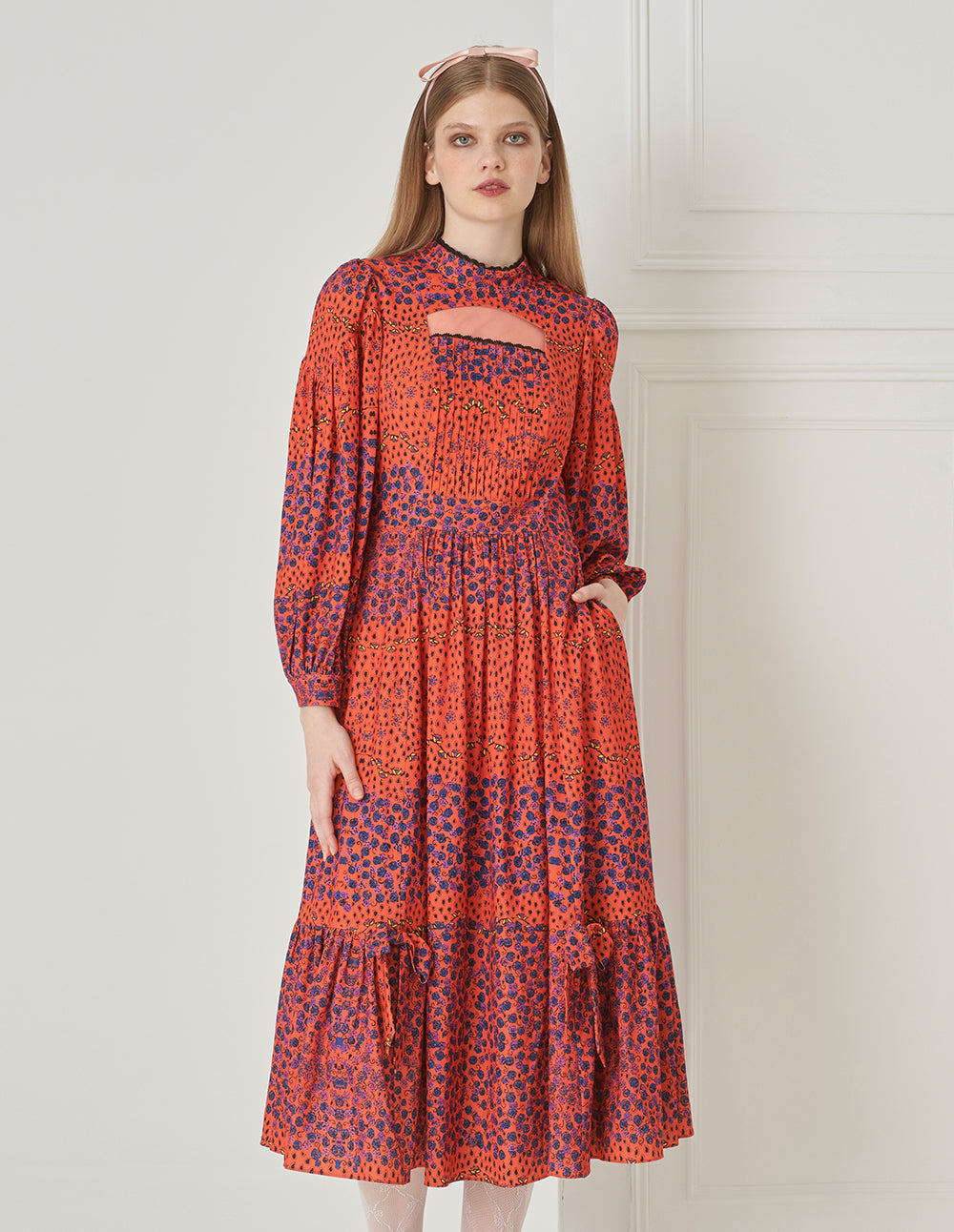 BORA AKSU Puff Sleeve Hollow Stand Collar Floral Dress
