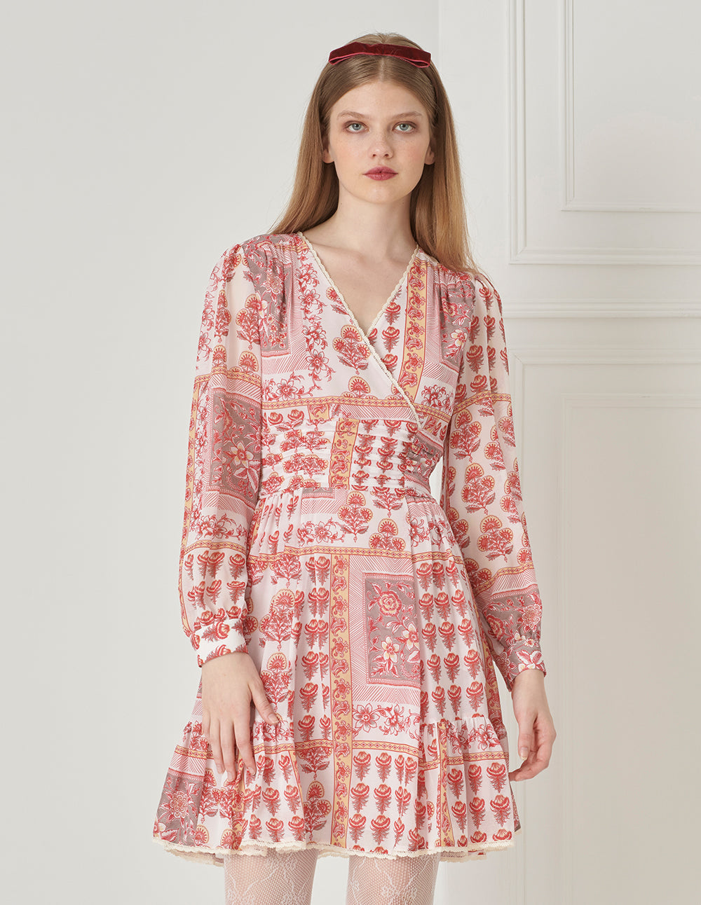 BORA AKSU French Puff Sleeve V-Neck Pleated Print Dress