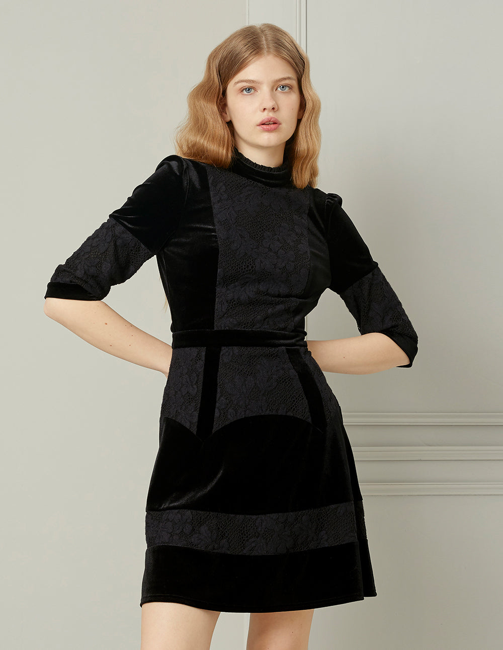 BORA AKSU Black Velvet Lace Turtleneck Fit-And-Flare Mini Dress