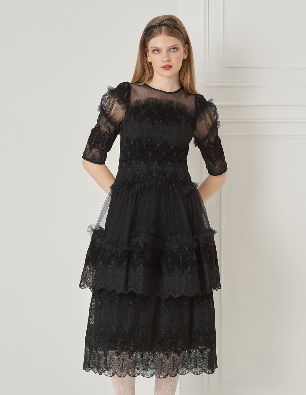 BORA AKSU Tulle-Panelled Lace Pleated Dress