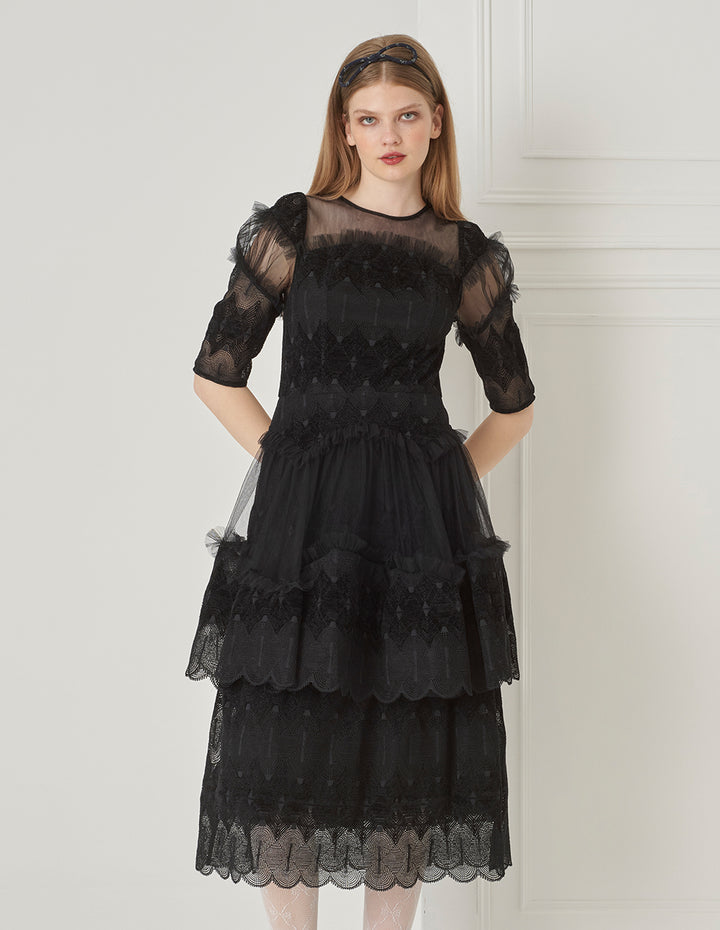 BORA AKSU Tulle-Panelled Lace Pleated Dress
