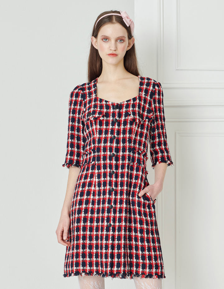 BORA AKSU Red And Blue Tweed Vintage Diamond Neck Dress