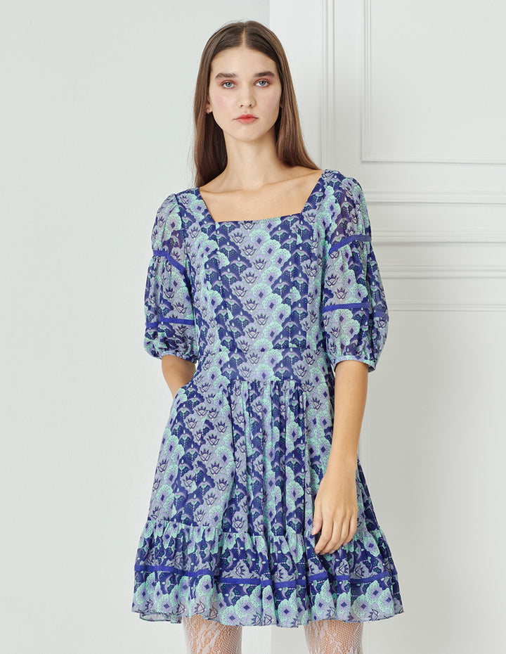 BORA AKSU Blue-Toned Japanese-Style Print Square-Neck Printed Pleated Dress