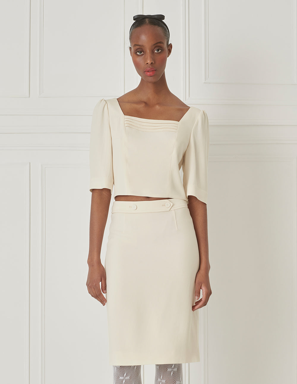 BORA AKSU Triacetate French Vintage Square Neck Puff Sleeve Bolero Top