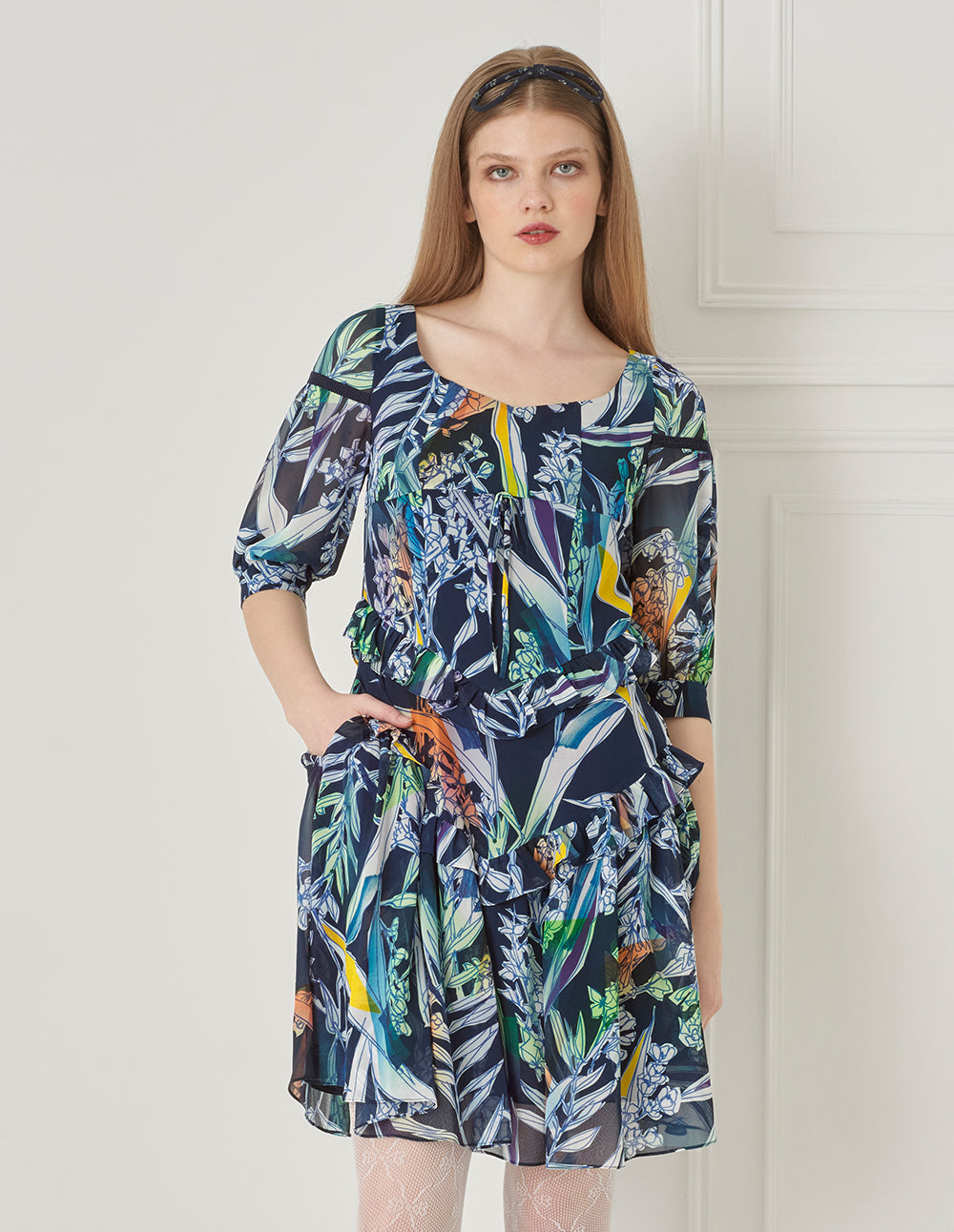 BORA AKSU French Puff Sleeve Designer Hand-Painted Print Dress