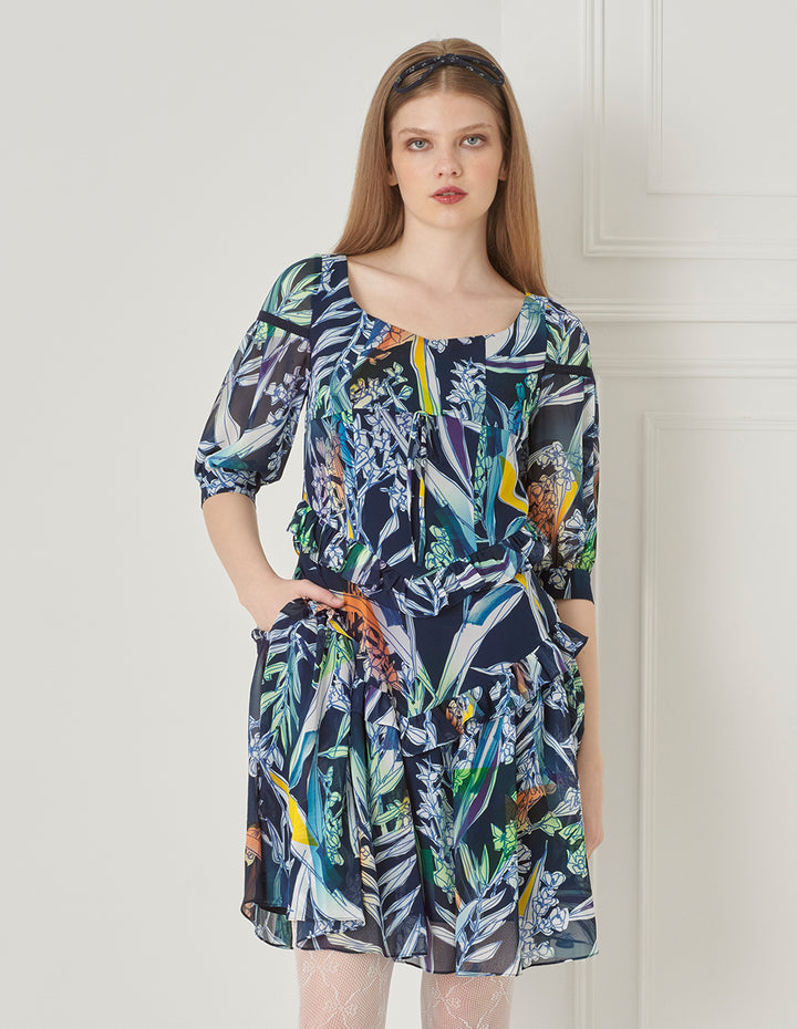 BORA AKSU French Puff Sleeve Designer Hand-Painted Print Dress