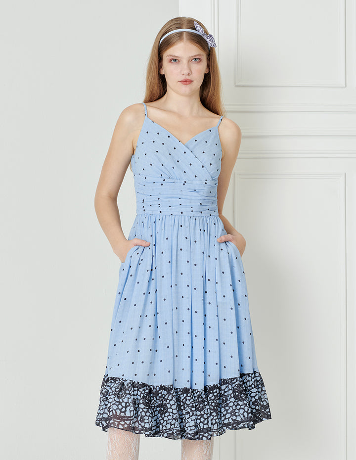 BORA AKSU Elegant V-neck pleated printed waist suspender dress